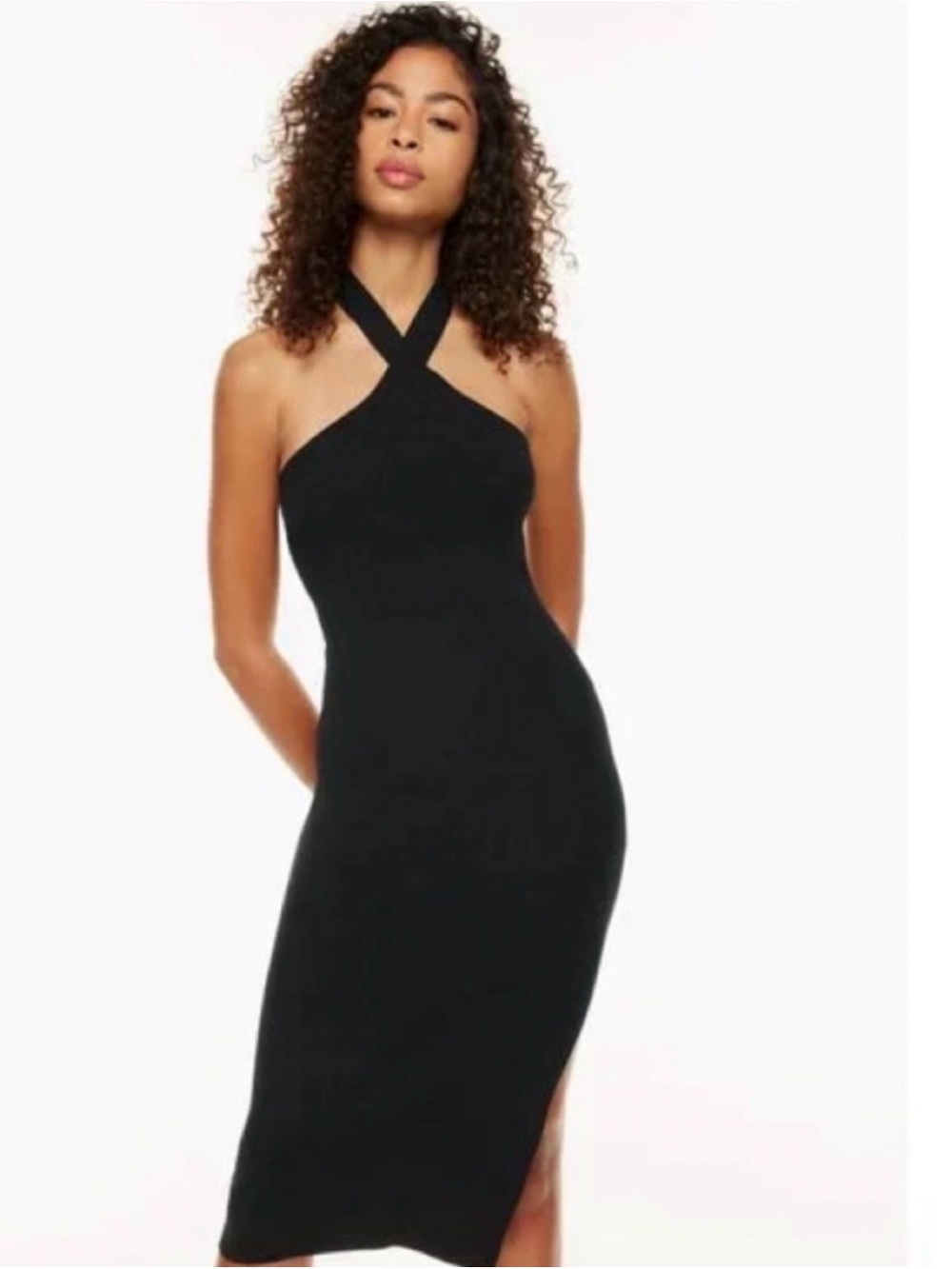 Aritzia Wilfred Cayenne halter black dress size small NWOT ribbed side slit
